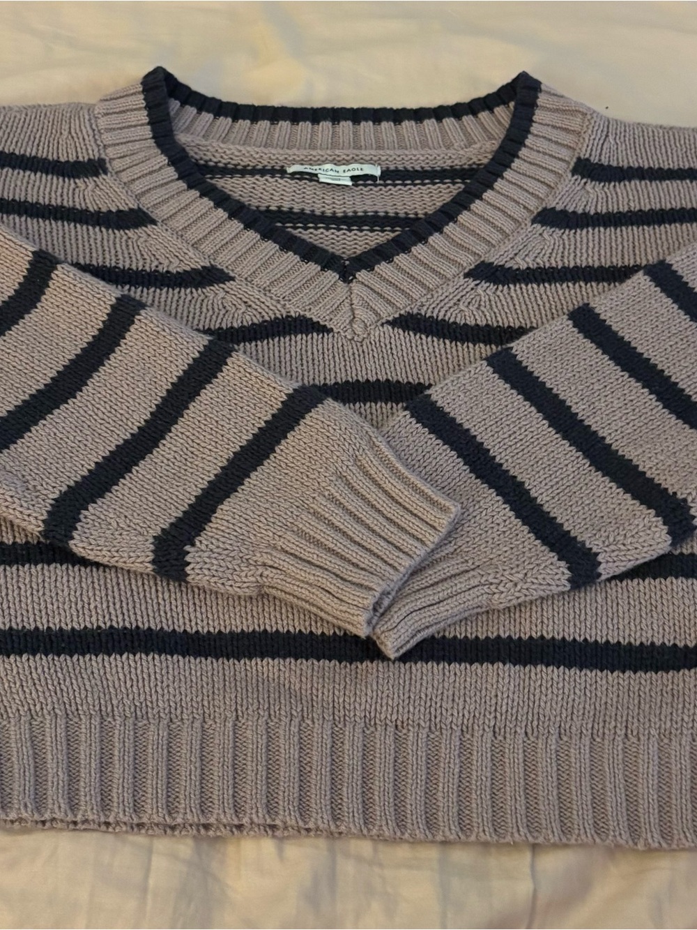 American Eagle Outfitters Purple and Navy Striped V-Neck Sweater - Women